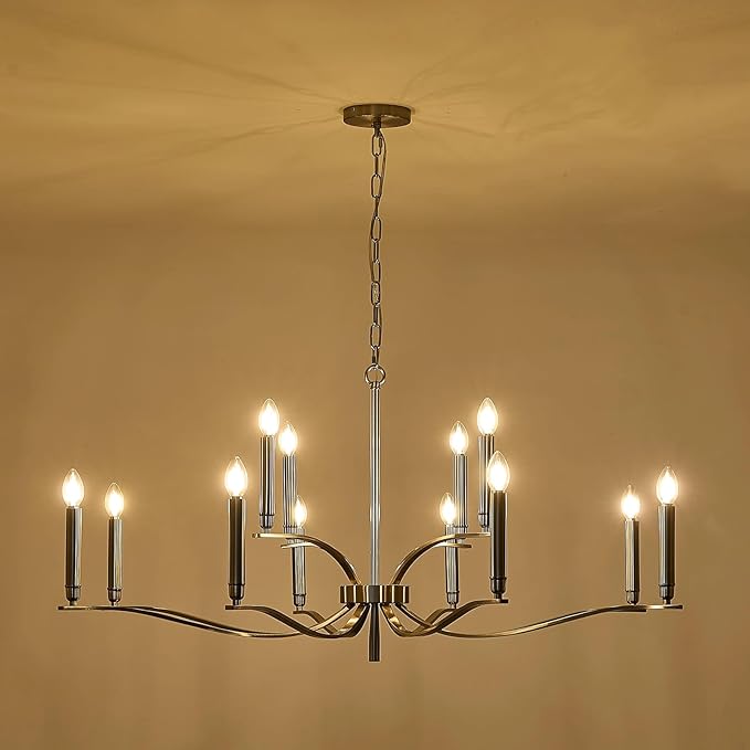 12 Light Nickel Living Room Chandelier High Ceiling Foyer Candle Chandelier Large Modern 44in Metal Chandeliers Hanging Light for Master Bedroom Dining Room Light Fixture Over Table