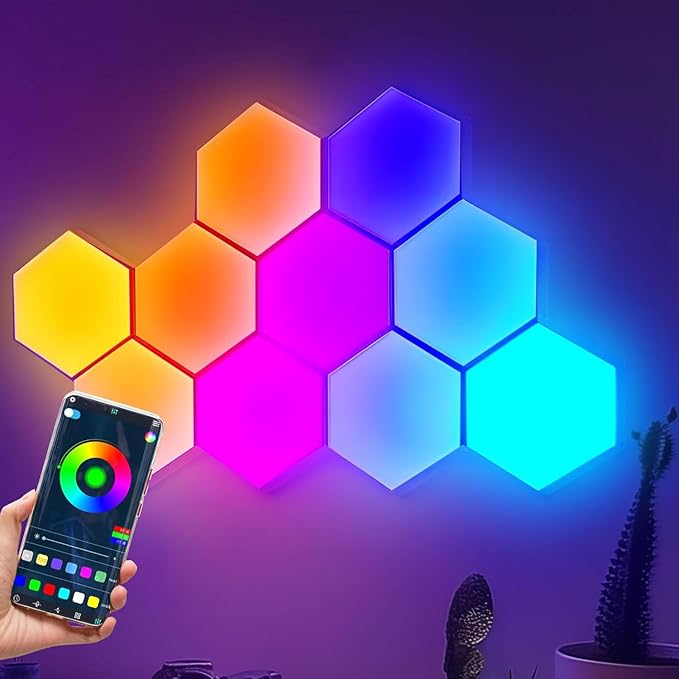 Amailtom Hexagon Light Panels Expansion 4 LED Panels, Hexagon LED Wall Lights Dreamcolor Effects, Smart Gaming Lights Music Sync for Gaming Room Setup (No Controller/Remote)