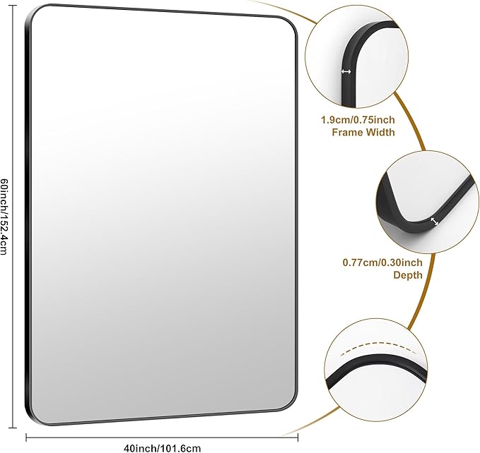 KOCUUY Black Bathroom Mirror 60"x40", Large Vanity Mirror with Rounded Corner, Metal Black Frame with Mordern Design for Bathroom, Living Room, Entryway, Hang Horizontal/Vertical