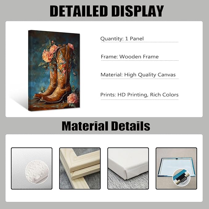 PBXBJY Western Canvas Wall Art Cowboy Boot Wall Decor Southwest Pictures Boot and Roses Print Rustic Farmhouse Bedroom Decor Framed (20.00" x 30.00")