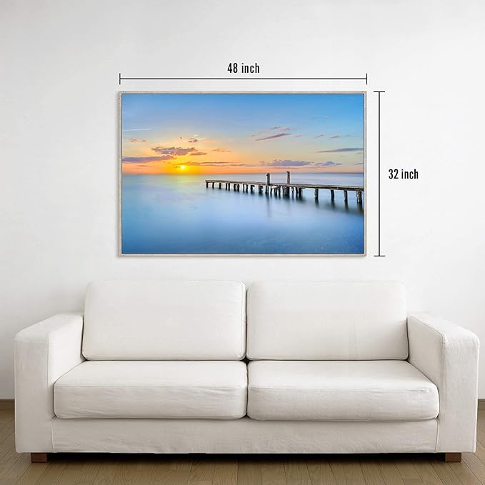 Canvas Wall Art Ocean Picture: Living Room Bedroom Large Seascape Sunset Framed Painting Sea Beach Scene Coastal Pier Print Artwork for Home Office 48 x 32 Inch