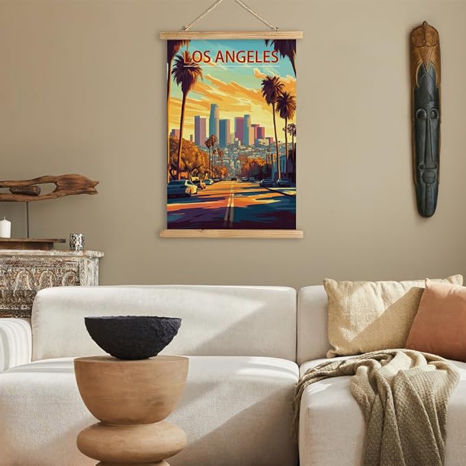 WREVERW Vintage Los Angeles Poster Canvas Print with Wooden Hanger Frame, Featuring Iconic Sunset Skyline, Home and Office Wall Art Decor, 16x23 inches
