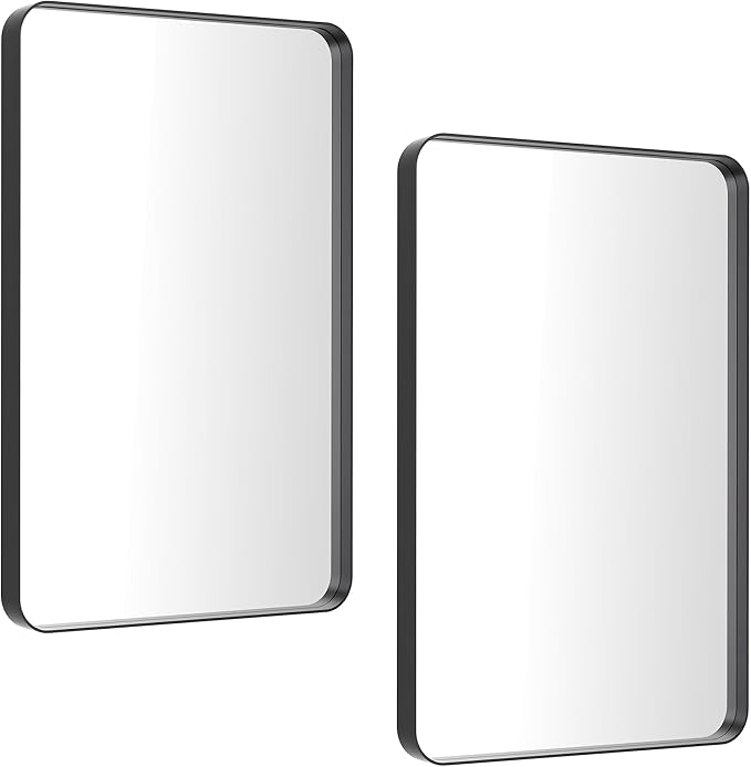 24x36 Inch Bathroom Mirrors Set of 2 for Wall, Black Vanity Mirror for Over Sink, Modern Farmhouse, Rounded Corner, Shatterproof Glass