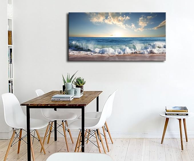 Ocean Wave Canvas Wall Art Beach Sunset Pictures Coastal Nature Artwork Blue Sea Painting Prints for Living Room Bedroom Home Office Decoration 20" x 40"
