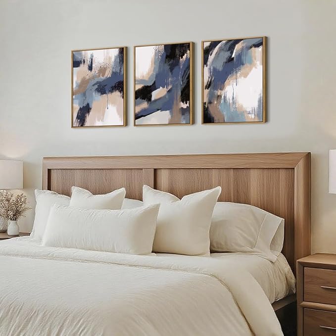 BINCUE Blue Neutral Wall Art Modern Abstract Artwork for Living Room Bedroom Office 12" Lx16 W Set of 3