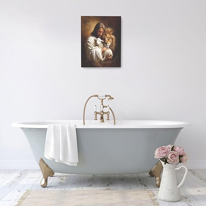 Jesus Lion Lamb Wall Art Christian Jesus Wall Decor Lion of Judah Pictures Religious God Canvas Painting Print Christ Artwork Decoration for Living Room Bedroom Church Framed Gifts 16”X20”