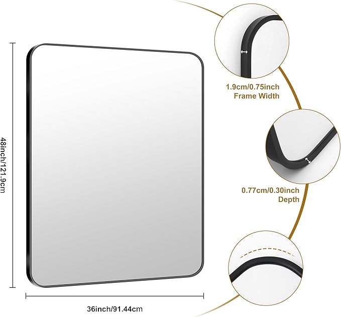 KOCUUY Black Bathroom Mirror 48"x36", Large Vanity Mirror with Rounded Corner, Metal Black Frame with Mordern Design for Bathroom, Living Room, Entryway, Hang Horizontal/Vertical
