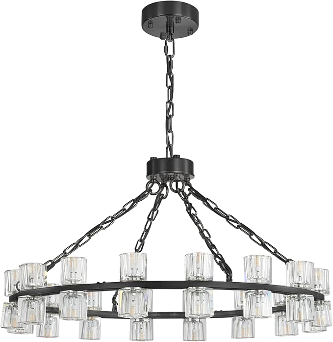 Black Wagon Wheel Chandeliers Modern 32-Lights Black Round Chandelier Crystal Chandeliers for Dining Room,Living Room Vintage Chandelier for Foyer Hallway
