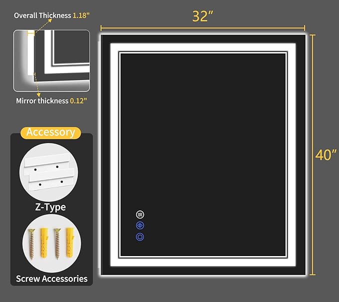 32"x40" LED Bathroom Mirror with Lights, Anti-Fog, Backlit + Front Lit, Dimmable, Led Vanity Mirror for Wall, Lighted Bathroom Mirror, 3 Colors, Shatter-Proof Tempered Glass