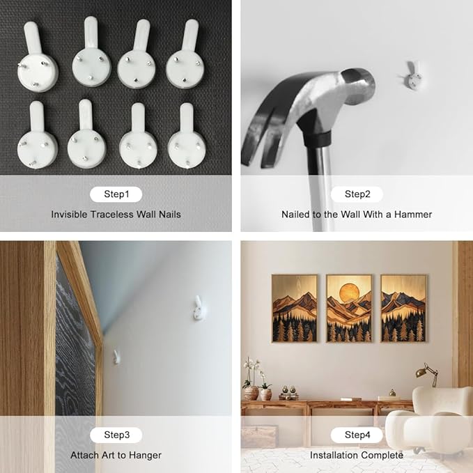 Ausril Woodcut Mountain Pine Tree Framed Canvas Wall Art Set of 3-24x36 Inch, Vintage Nature Forest Wilderness Landscape Print, Brown Boho Style Painting for Living Room, Bedroom, Office Decor