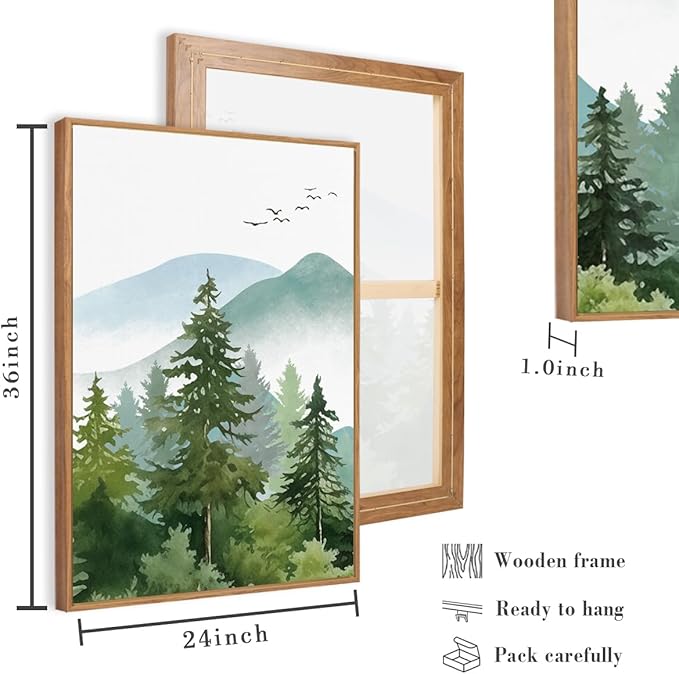 Anyzal Framed Green Mountain Wall Art Forest Painting Framed for Living Room Bedroom Bathroom 16x24 Inch Set of 3