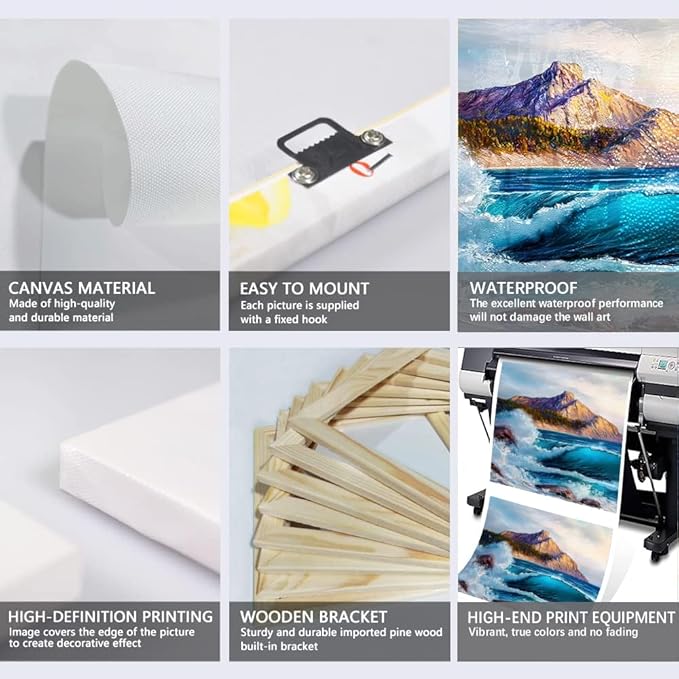 Canvas Wall Art Coastal Beach Scenery Picture Blue Ocean Waves Seascape Painting Mountain Peaks Wave Landscape Oil Painting Print Modern for Home Bedroom Framed - 20x28inchx3Pcs