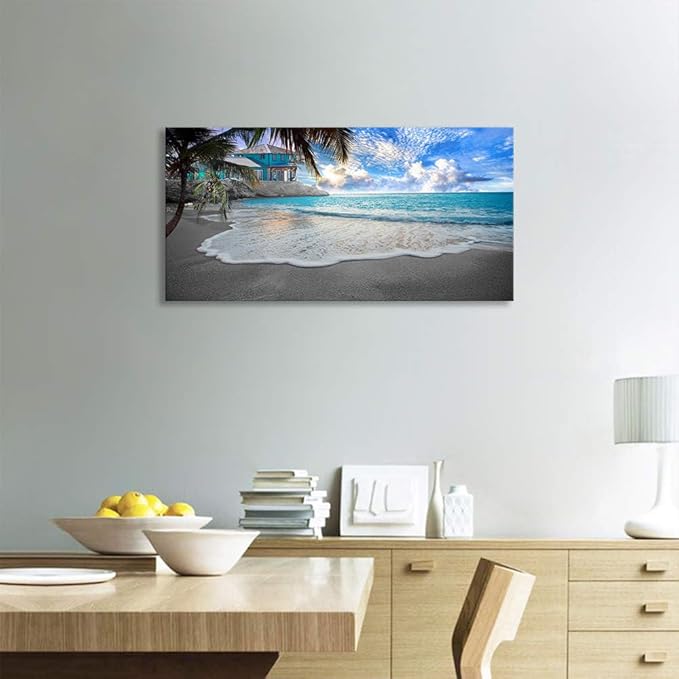 BYXART Beach Canvas Wall Art for Bedroom Ocean Themed Living Room Decor Tropical Palm Tree Artwork Blue Sea Waves Picture Seascape Scenery Nature Painting for Home Office Decoration 40L x 20W