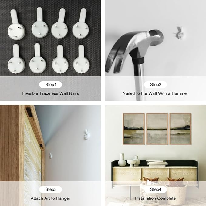 KAIRNE Abstract Mountain Lake Wall Art Set, 3 piece Textured Canvas Wall Decor, Framed Nordic Neutral Tan Painting, Nature Landscape Art Print for Bedroom, Living Room, Office - 24"x36"x3