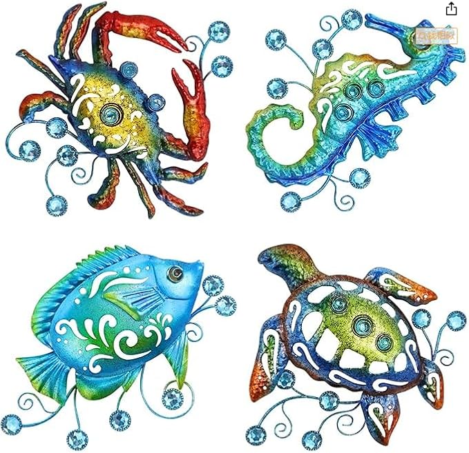 Metal Ocean Beach Theme Wall Decor Art, Set of 4 Sea Turtle Seahorse Crab Tropical Fish Indoor Bathroom Décor, 11 Inch Deep Blue Sea Wall Decoration, Metal Outdoor Christmas Decor Yard Art Christmas Decorations Gift