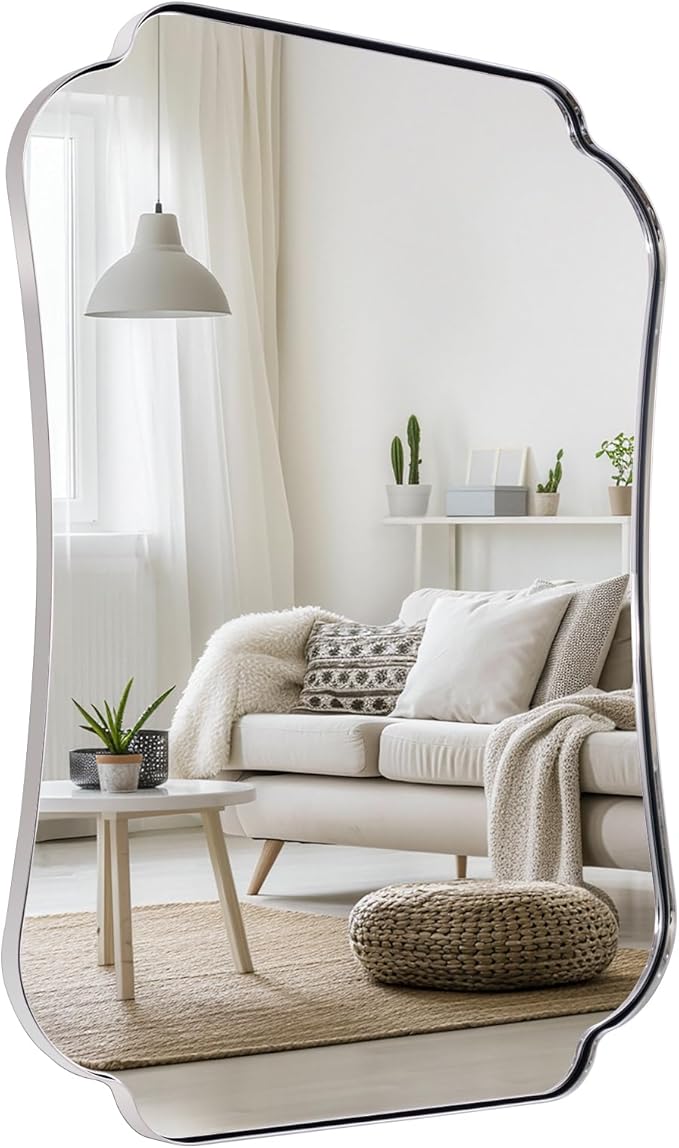 ANDY STAR 30"x40" Chrome Bathroom Mirror, Decorative Scalloped Shape Wall Mirror with Stainless Steel Frame, Modern Wave-Edge Design for Vanity, Hallway, Lounge Decor
