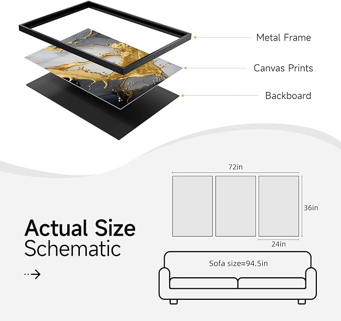 Large Framed Black and White Gold Abstract Wall Art for Living Room, Set of 3 Piece Canvas Paintings Artwork for Walls, Modern Art Prints Pictures for Hallway Office Wall Decor 24x36 Inch