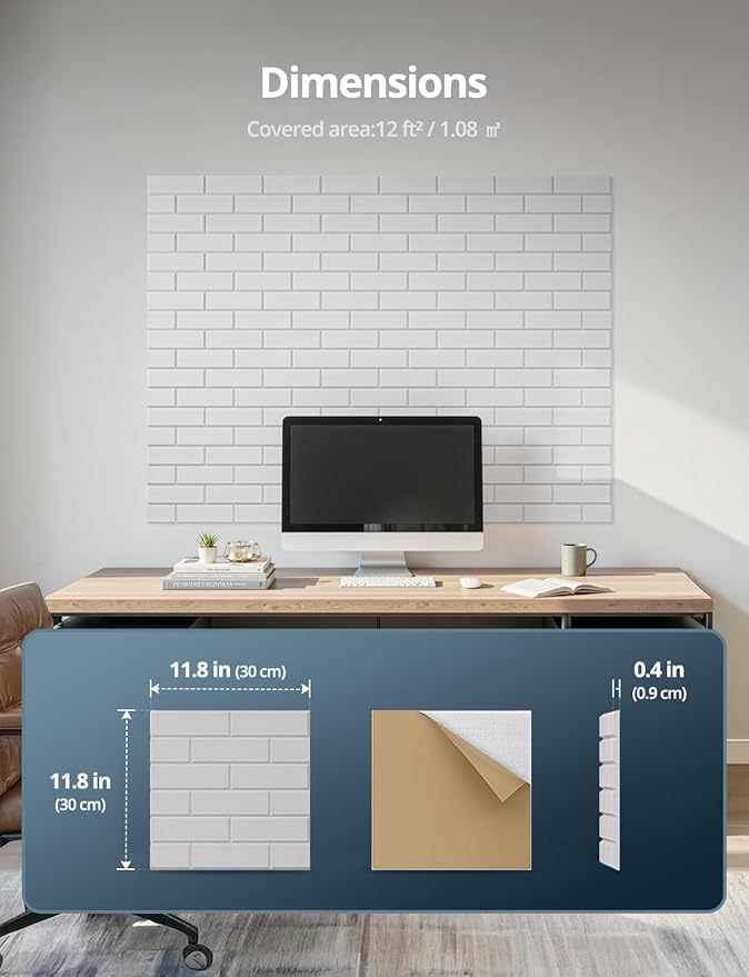 Acoustic Wall Panels, Brick Pattern Peel and Stick Sound Absorbing Panel for Ceiling, Door, Pared, 12 Pack 12"x12"x0.4", White Decorative Self Adhesive Wall Tiles for Recording Studio, Room