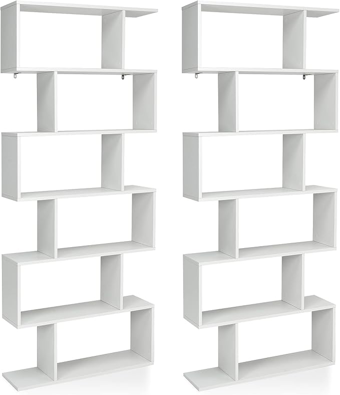 6 Tier Geometric Bookcase, S Shaped Bookshelf, Book Shelf Room Divider, Wood Freestanding Display Shelves, 75 Inch Staggered Bookshelf for Bedroom Living Room (2, White)