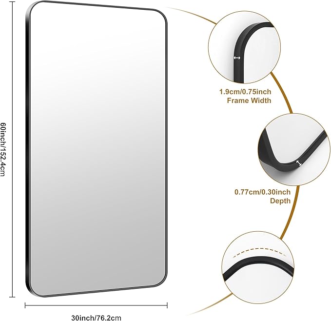 KOCUUY 60"x30" Large Rectangle Vanity Mirror, Black Metal Frame Mirror with Rounded Corner, Modern Design of Upgraded Shatterproof Glass for Bathroom, Bedroom, Living Room, Entryway
