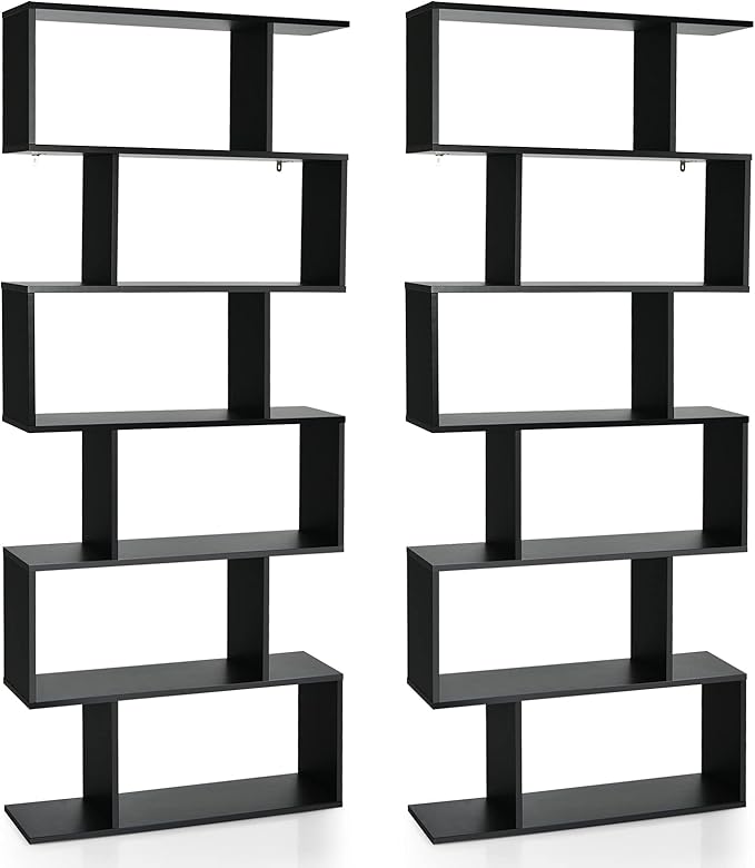 6 Tier Geometric Bookcase, S Shaped Bookshelf, Book Shelf Room Divider, Wood Freestanding Display Shelves, 75 Inch Staggered Bookshelf for Bedroom Living Room (2, Black)