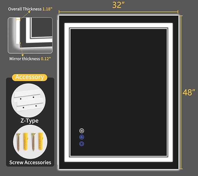 32"x48" LED Bathroom Mirror with Lights, Anti-Fog, Backlit + Front Lit, Dimmable, Led Vanity Mirror for Wall, Lighted Bathroom Mirror, 3 Colors, Shatter-Proof Tempered Glass