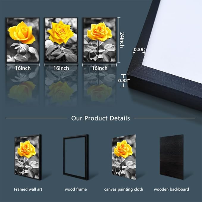 Black Framed Wall Art For Bedroom Living Room Wall Decor For Kitchen Office Decor Black And White Artwork Pictures Yellow Rose Flowers Wall Painting Modern Room Home Decor 3 Piece Framed Art Prints