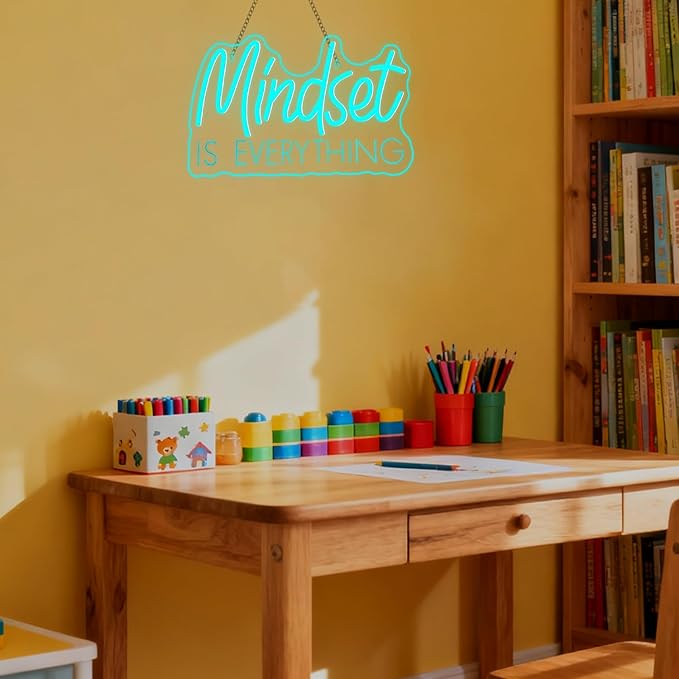 Lucunstar Mindset is Everything Neon Sign Blue Dimmable LED Inspirational Light Up Signs for Wall Decor USB Powered Neon Light for Home Room Office Gym School Classroom