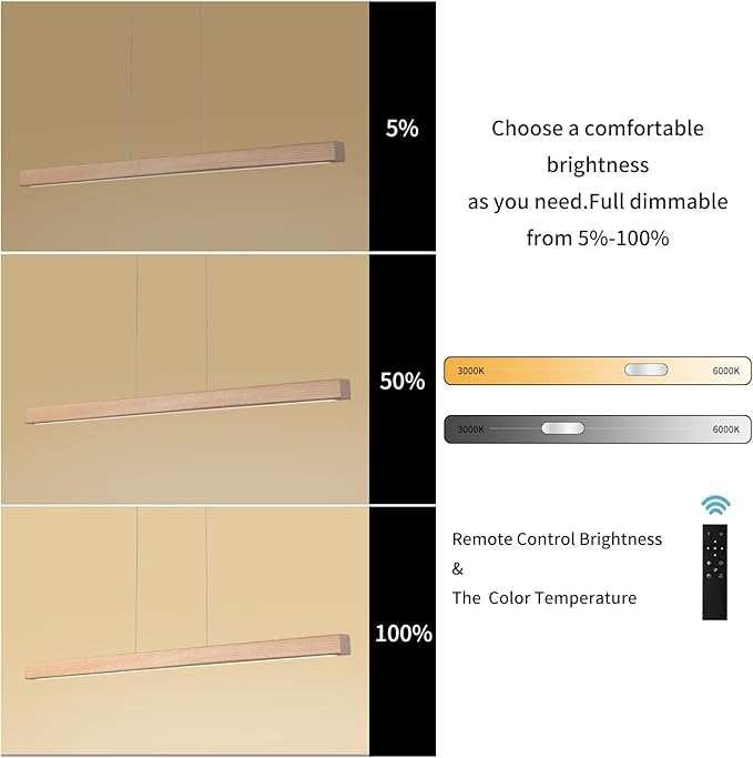 39" Wood Linear Pendant Light Fixture Modern LED Pendant Lights Led Dimmable Chandelier with Remote Control Ceiling Hanging Lights Pool Table Lights for Dining Room Kitchen Island Lights Natural