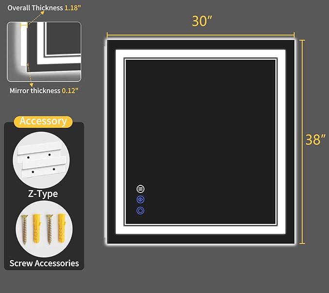 30"x38" LED Bathroom Mirror with Lights, Anti-Fog, Backlit + Front Lit, Dimmable, Led Vanity Mirror for Wall, Lighted Bathroom Mirror, 3 Colors, Shatter-Proof Tempered Glass