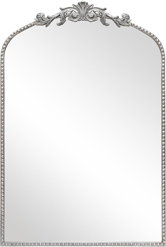 Antique Silver Arch Wall Mirror, 24"x36" Traditional Vintage Mantel Mirror with Ornate Metal Frame, Baroque Victorian Mirror for Fireplace/Entryway/Bathroom/Living Room/Hallway