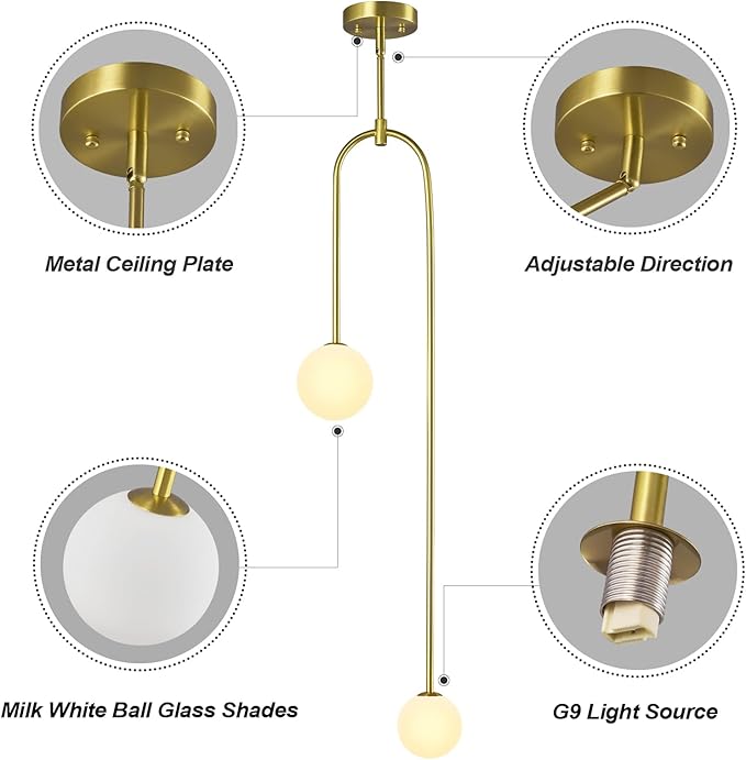 Modern Milk Glass Pendant Light 2 Light Mid Century Chandelier Small Glass Globe Gold Pendant Lights for Kitchen Island Bedroom Dining (1 Pack)