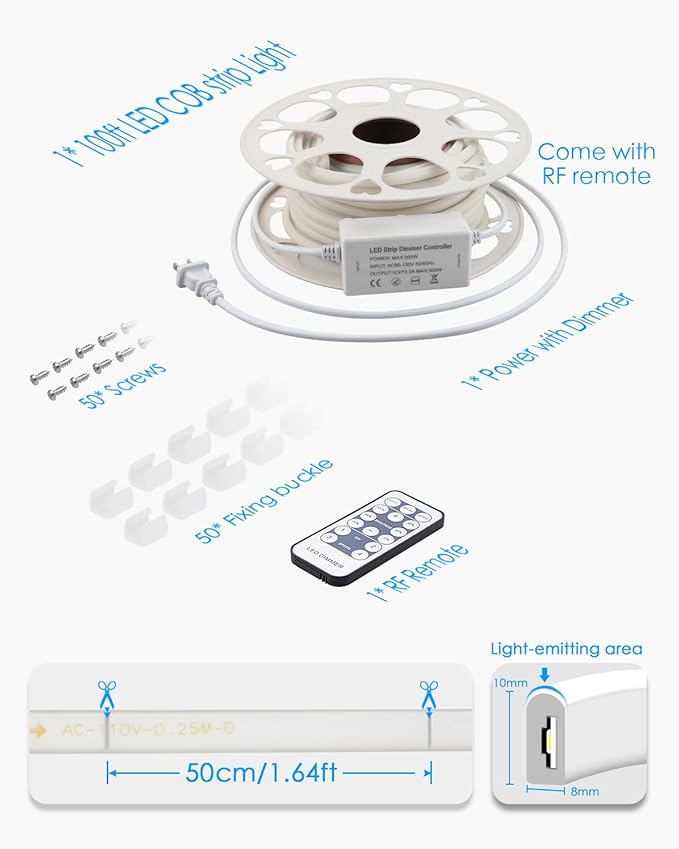 AC 110V~120V COB Led Strip Lights 100FT/30M White Led Rope Lights Outdoor Waterproof for Garden Patio Building Commerical Decor Dimmable Flexible Cob Lights with Remote Daylight White 6000k