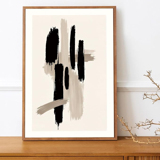 LHIUEM Grey Black Brown Framed Wall Art,Grey Abstract Pictures Set of 3(16”X24”) Minimalist Beige Cream Canvas Wall Art,Dance Lines Large Paintings,Blie Gray Wall Decor,Modern Room Decor for Bedroom