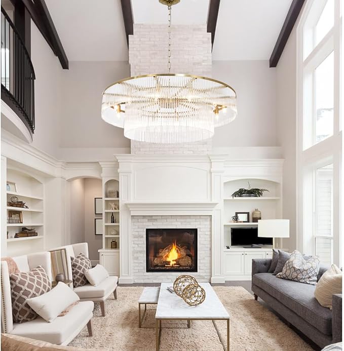 Modern Glass Chandelier Lighting Brass Chandeliers for High Ceiling Entryway Foyer Large Glass Hanging Light Fixture Grand Living Room Hall 39"