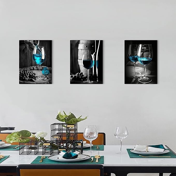 Kitchen Wall Decor Canvas Art Still life Wine Glass Painting for Home Decoration Black and White Fruit Goblet Bar Prints Posters Bedroom Dining Room Pub Yellow Rose Framed Artwork 7x10 inch 3 Pieces