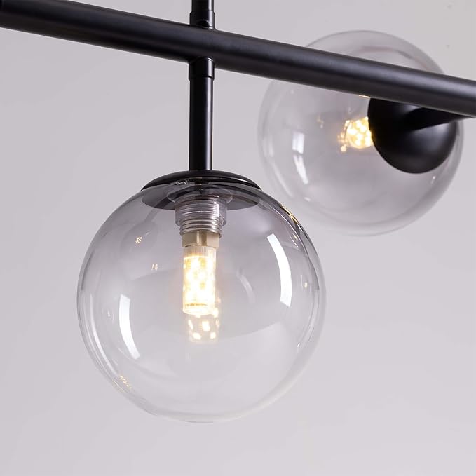 6 Lights Mid Century Modern Globe Chandelier, Black Linear Sputnik Chandelier with Glass Pendant Lights for Dining Room, Kitchen Island, and Living Room (Smoke Gray Glass)