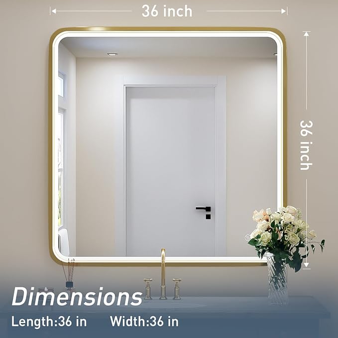 36X36 Inch LED Bathroom Mirrors,Gold Framed Dimmable Lighted Mirror for Wall, Bathroom Vanity Mirror with Lights, Anti Fog Design&6000K&Touch Switch