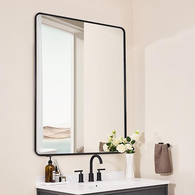 ANDY STAR 48X36 Inch Black Bathroom Mirror, Matte Black Vanity Mirrors for Wall, Rounded Rectangle Mirror for Bathroom, Seamless Tube Metal Frame, 1’’ Deep Wall Mounted Vertical/Horizontal