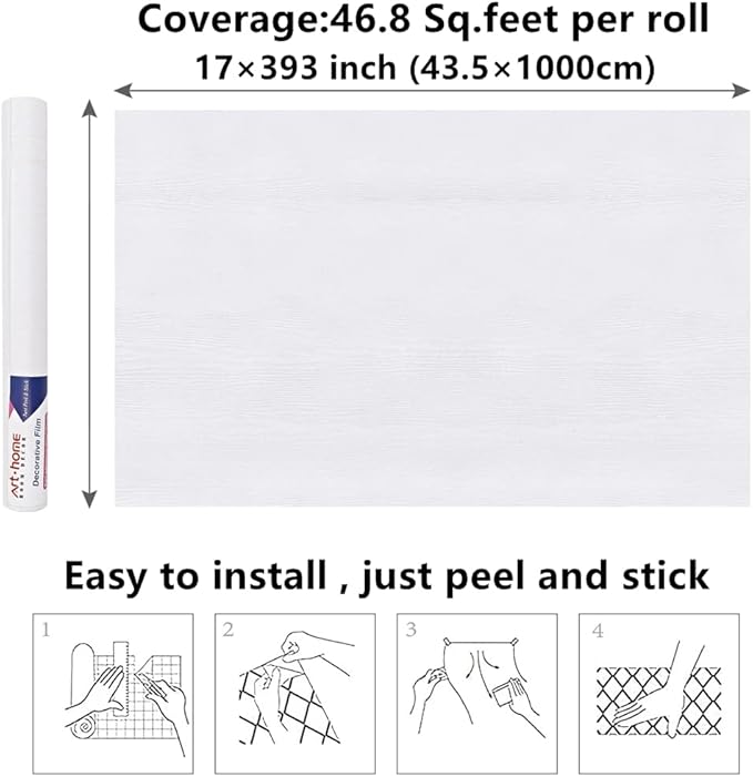 Arthome Peel and Stick Wallpaper - White Wood Contact Paper - White Wallpaper - Self-Adhesive, Removable and Waterproof for Cabinet, Countertop (17"x393")