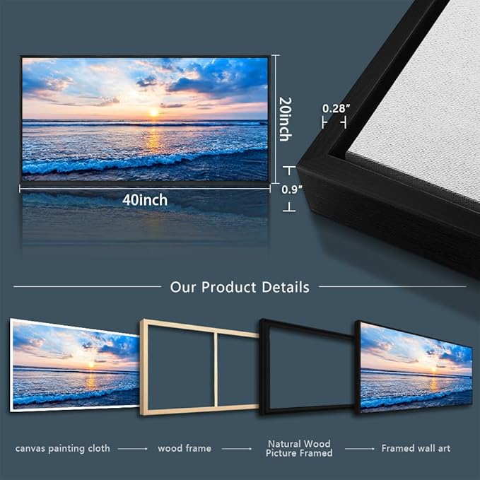 Black Framed Canvas Wall Art For Living Room Blue Beach Ocean Sea Waves Landscape Wall Decor Ready To Hang Home Decorations Bedroom Kitchen Bathroom Canvas Prints Posters Painting Wall Mural Artwork