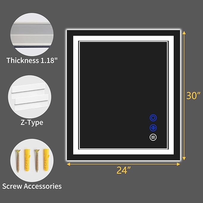 30"x24" LED Bathroom Mirror with Anti-Fog, Stepless Dimmable Lights, 3 Color Modes, Shatter-Proof Tempered Glass, Memory Function & Waterproof Design