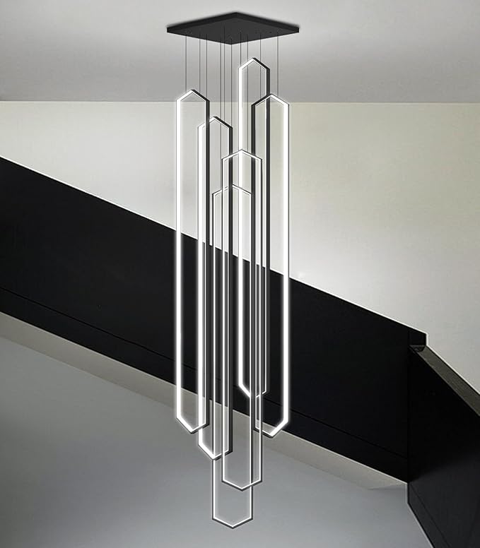 6 Rings Large Chandelier for Staircase Modern High Ceiling Chandelier LED Dimmable Chandeliers for Foyer Living Room Villa Black