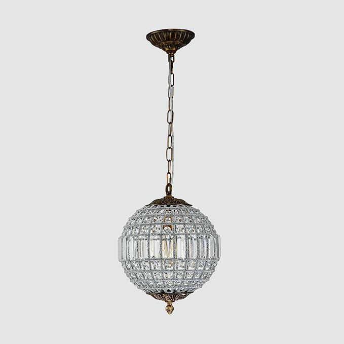 Antique Crystal Globe Chandelier, 11.8" Vintage Small Sphere Chandelier Crystal Pendant Light Fixture for Foyer Dining Room Kitchen Island Bronze