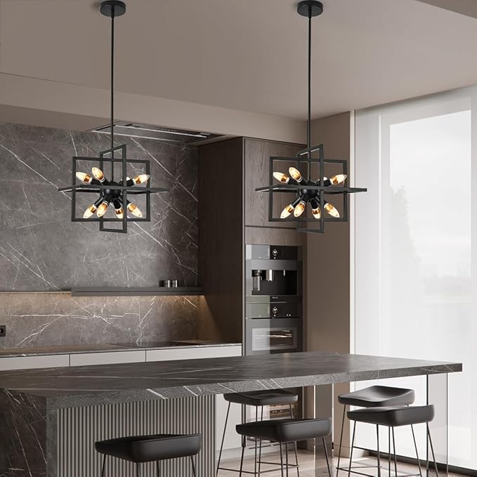 Modern Black Farmhouse Chandeliers,Small 8 Lights/E12 Geometric Pendant Light Adjustable Metal Hanging Lights for Dining Room,Kitchen Island,Foyer,Entryway,Hallway