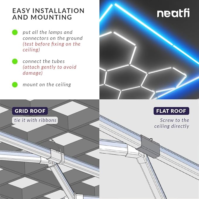 Neatfi LED Hexagon Garage Light 60,720 Lumens, 552W, Honeycomb Ceiling Light for Car Detailing, Auto Shops, Workshop, Warehouse, and Gym (15 Hex Grids, Blue)