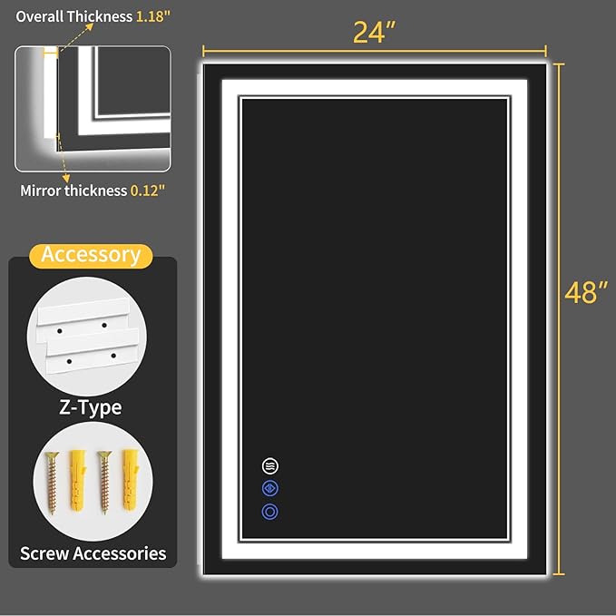 24"x48" LED Bathroom Mirror with Lights, Anti-Fog, Backlit + Front Lit, Dimmable, Led Vanity Mirror for Wall, Lighted Bathroom Mirror, 3 Colors, Shatter-Proof Tempered Glass