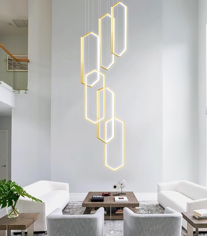 6 Rings Modern Chandelier LED Dimmable Pendant Lighting Adjust Flush Mount Ceiling Light for Foyer Lobby Living Room Staircaes Gold