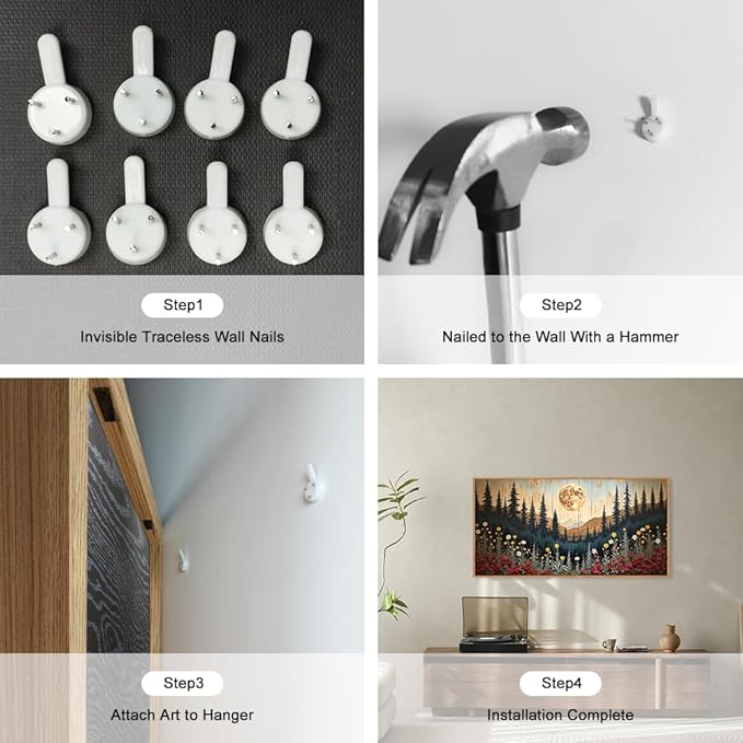 Ausril Vintage Moon Forest Framed Canvas Wall Art Set, Colorful Floral Mountain Painting, Nature Landscape Wall Decor, Wildflower Pine Tree, Modern Boho Art Print Living Room, Bedroom, Office 20"x40"