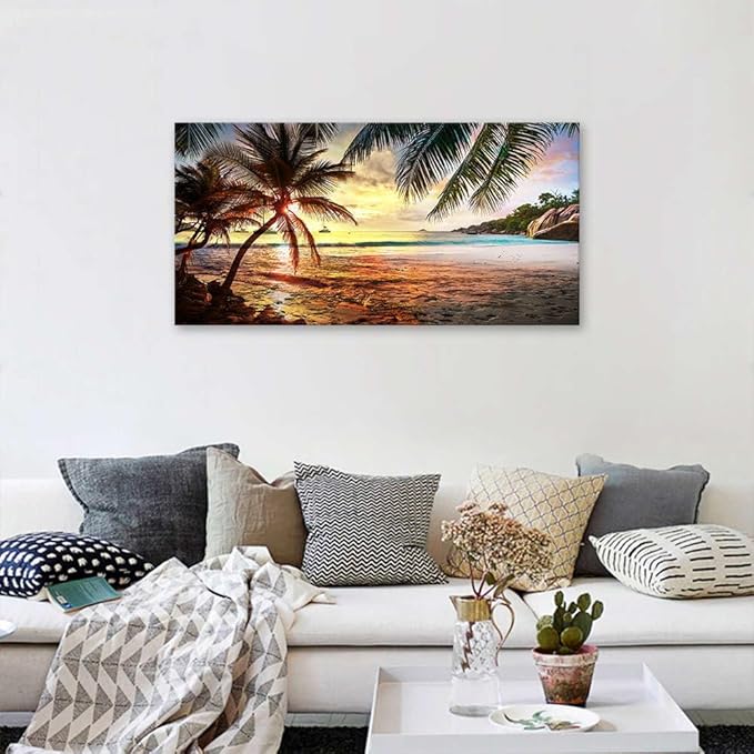 BYXART Canvas Wall Art for Bedroom Tropical Palm Tree Summer Ocean Waves Coconut Trees Beach Sunrise Seascape Scenery Painting Nature Picture for Living Room Bathroom Home Office Decor 40L x 20W
